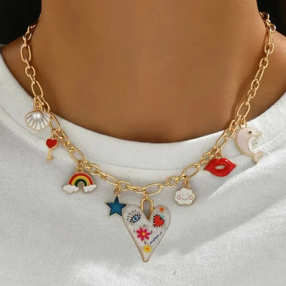 NEW Gold Charm Necklace with Colorful Accents